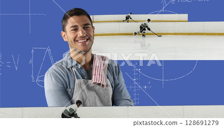 Image of biracial man on violet background with hockey and math symbols 128691279