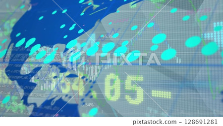Image of financial data over world map on grey background 128691281