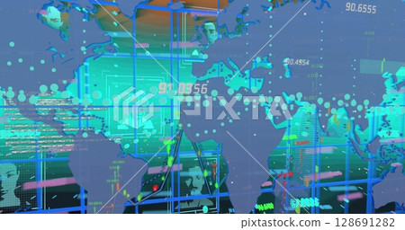 Image of graphs and data over world map Image of graphs and data over world map 128691282