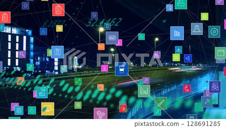 Image of graph, technology icons and cityscpae at night Image of graph, technology icons and cityscpae at night 128691285