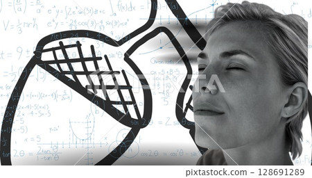 Image of caucasian woman relaxing on white background with graffiti and math symbols 128691289