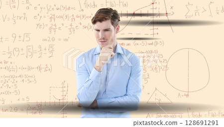 Image of caucasian businessman thinking on white background with math symbols Image of caucasian businessman thinking on white background with math symbols 128691291