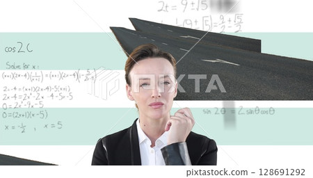 Image of caucasian businesswoman thinking on white background with graffiti and math symbols Image of caucasian businesswoman thinking on white background with graffiti and math symbols 128691292