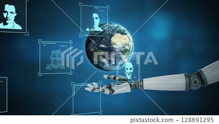 Image of user photos over globe and arm of robot 128691295