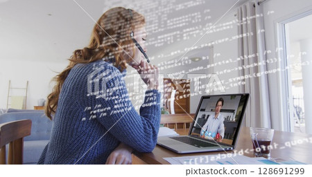 Image of data processing over caucasian woman working from home, having image call Image of data processing over caucasian woman working from home, having image call 128691299