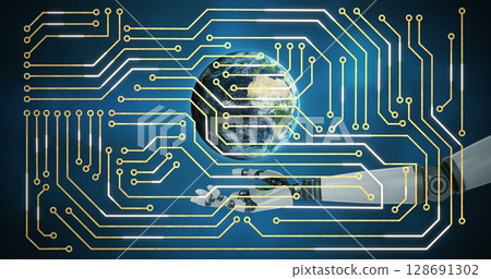 Image of integrated circuit over globe and arm of robot Image of integrated circuit over globe and arm of robot 128691302