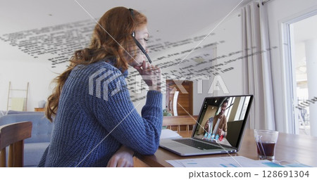 Image of data processing over caucasian woman working from home, having image call 128691304