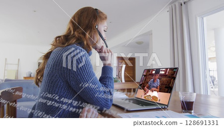 Image of data processing over caucasian woman working from home, having image call 128691331