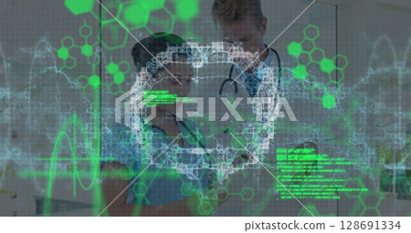 Image of data processing and dna strand spinning over diverse doctors Image of data processing and dna strand spinning over diverse doctors 128691334