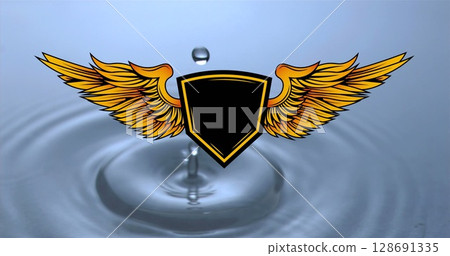 Image of shield with wings over drop falling into water Image of shield with wings over drop falling into water 128691335