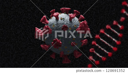 Image of covid 19 cell and dna strand spinning over black background 128691352