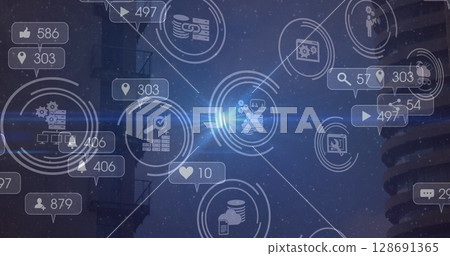 Image of social media icons and numbers over cityscape Image of social media icons and numbers over cityscape 128691365