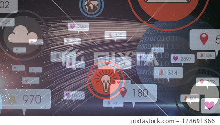 Image of social media icons and numbers over binary coding globe 128691366