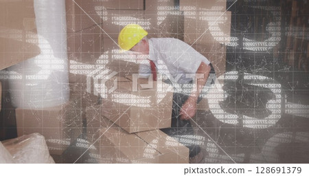 Image of blockchain over caucasian senior warehouse worker Image of blockchain over caucasian senior warehouse worker 128691379