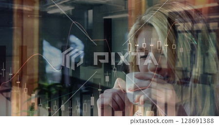 Image of financial data processing and statistics over caucasian woman drinking coffee 128691388