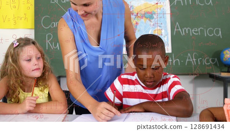 Image of math formulas over happy caucasian female teacher and diverse children at school Image of math formulas over happy caucasian female teacher and diverse children at school 128691434