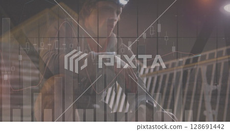 Image of statistics processing over caucasian man tying shoe laces during evening city run 128691442