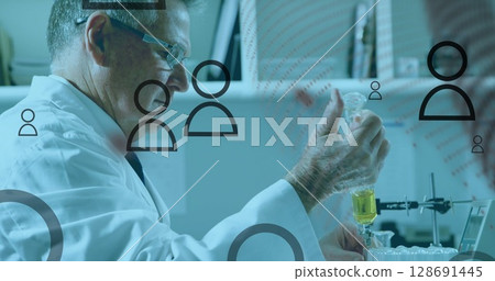 Image of media icons and globe over caucasian male scientist in lab Image of media icons and globe over caucasian male scientist in lab 128691445