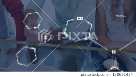 Image of chemical formula and data processing over diverse couple using laptop Image of chemical formula and data processing over diverse couple using laptop 128691454