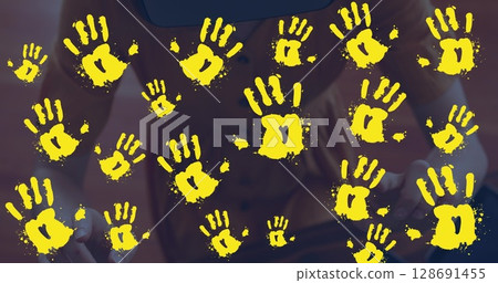 Image of handprints over caucasian woman using vr headset Image of handprints over caucasian woman using vr headset 128691455