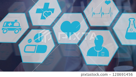 Image of medical icons over diverse doctors 128691456