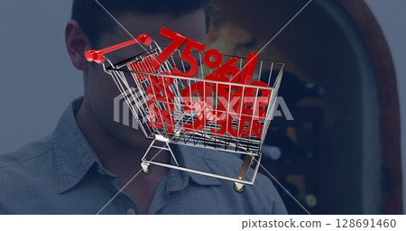 Image of shopping card with discount percent over caucasian man using tablet 128691460