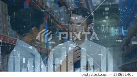 Image of financial data processing over diverse people in warehouse and cityscape Image of financial data processing over diverse people in warehouse and cityscape 128691463