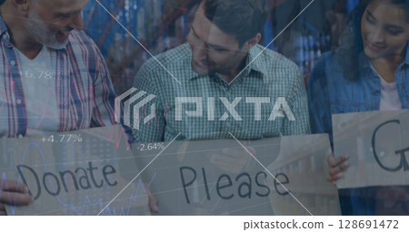 Image of financial data processing over diverse people in warehouse 128691472