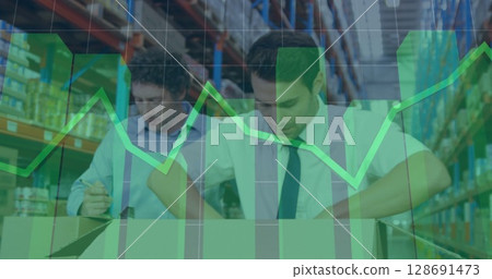 Image of financial data processing over diverse people in warehouse 128691473