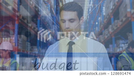 Image of financial data processing over diverse people in warehouse 128691474