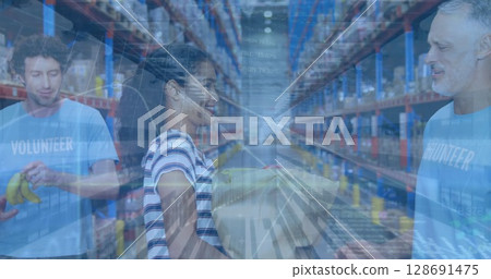 Image of financial data processing over diverse people in warehouse 128691475