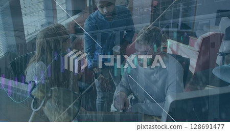 Image of financial data processing over diverse business people in office Image of financial data processing over diverse business people in office 128691477