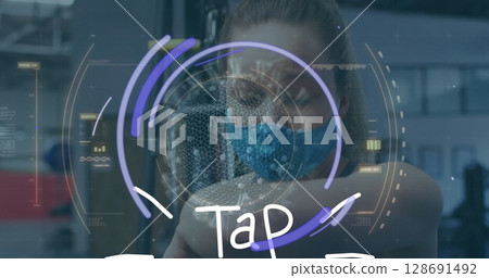 Image of data processing and tap text over caucasian woman wearing face mask 128691492
