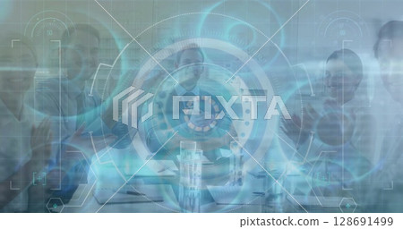 Image of data processing and scope scanning over diverse business people Image of data processing and scope scanning over diverse business people 128691499