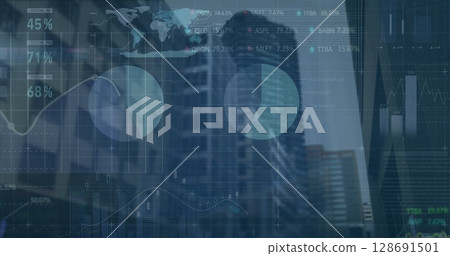 Image of financial data processing over cityscape Image of financial data processing over cityscape 128691501