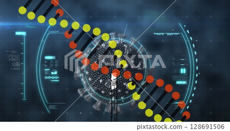 Image of dna strand and data processing over virus cell Image of dna strand and data processing over virus cell 128691506