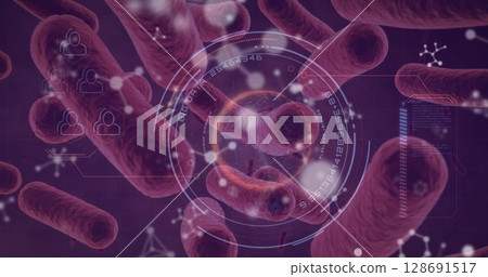 Image of red shapes and data processing over molecules and virus cells Image of red shapes and data processing over molecules and virus cells 128691517