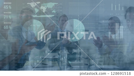 Image of financial data processing over diverse business people Image of financial data processing over diverse business people 128691518