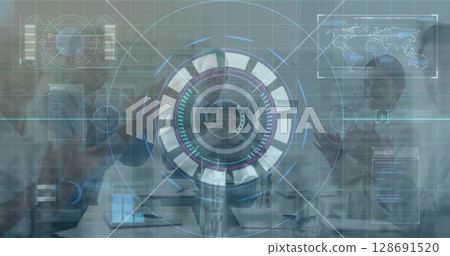 Image of data processing and scope scanning over diverse business people 128691520