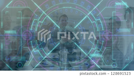 Image of data processing and scope scanning over diverse business people 128691523