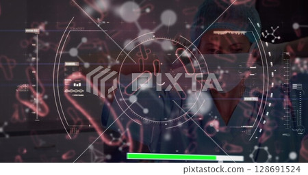 Image of data processing and virus cells over biracial female doctor 128691524