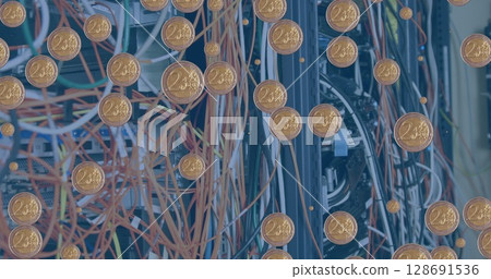 Image of euro coin over server room 128691536