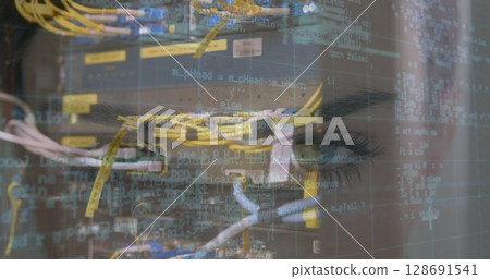Image of data processing over caucasian woman and server room Image of data processing over caucasian woman and server room 128691541