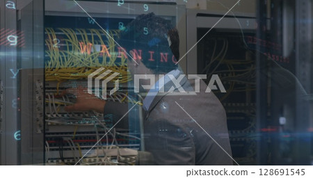 Image of data processing over caucasian male worker in server room 128691545