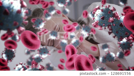 Lying woman resting on white pillow in bedroom, with 3D coronavirus particles and red blood cells Lying woman resting on white pillow in bedroom, with 3D coronavirus particles and red blood cells 128691556