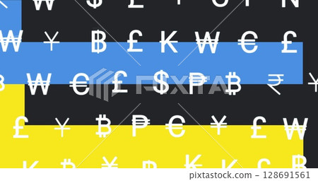 Image of currency symbols over flag of ukraine 128691561