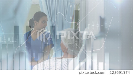 Image of data processing over biracial female nurse talking with patient 128691574