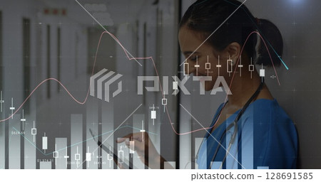 Image of data processing over biracial female nurse smiling Image of data processing over biracial female nurse smiling 128691585