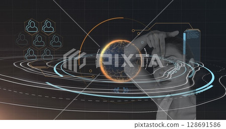 Image of data processing over caucasian woman 128691586