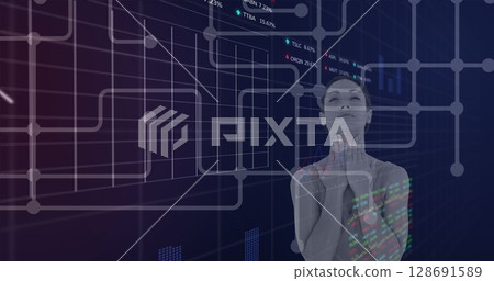 Image of data processing over caucasian woman Image of data processing over caucasian woman 128691589